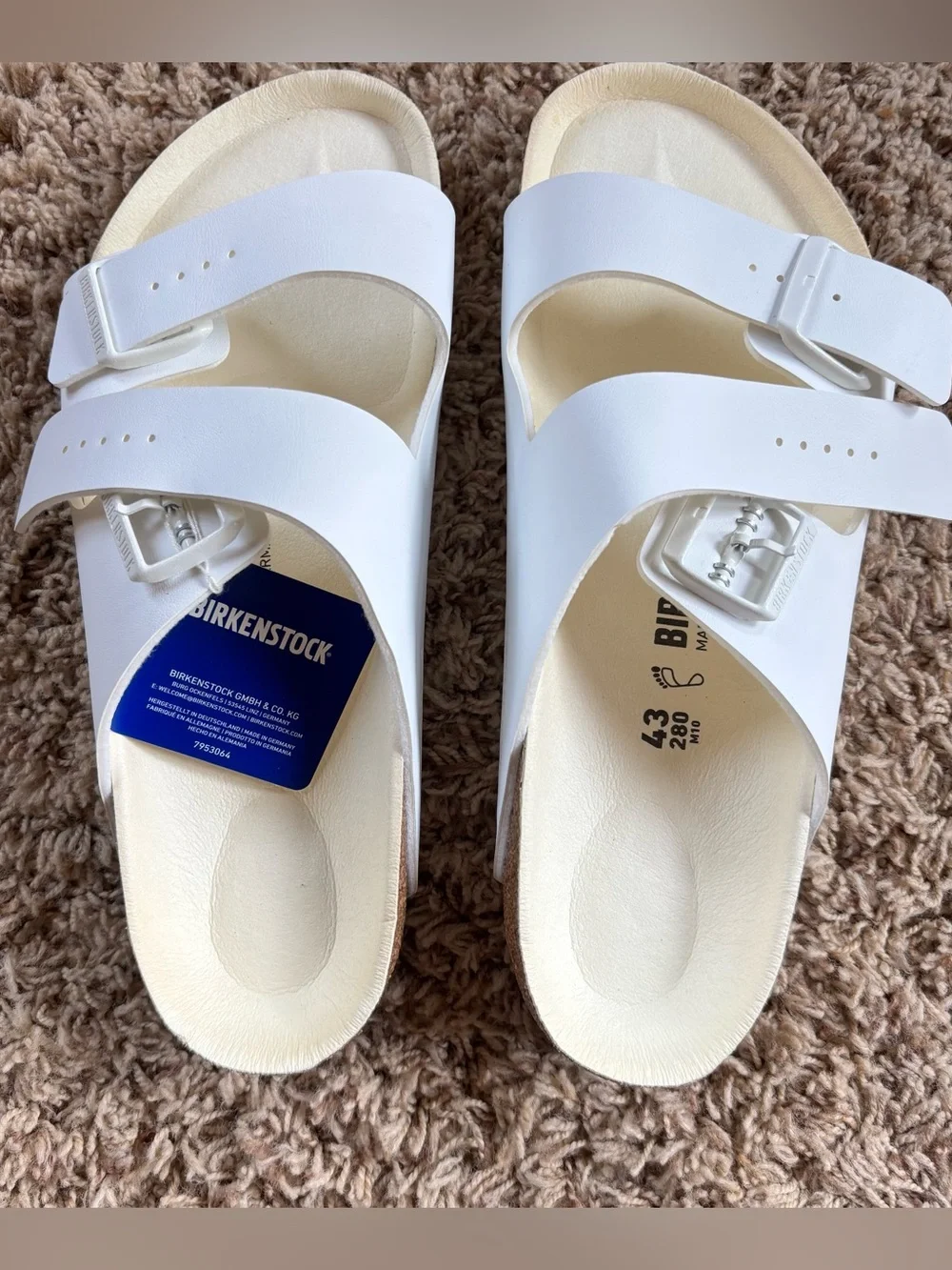 Birkenstock Men’s Sz 10 EU 43 White Leather Arizona BS Sandals Regular Fit